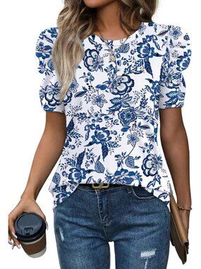 👑 Women's Floral Blue Puff Sleeve Summer Crew Neck Casual Dressy T Shirt Tops